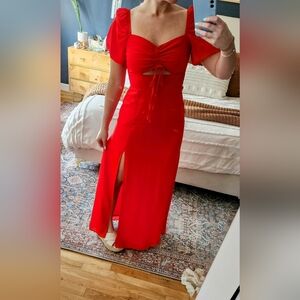 True Romantic Red Ruched Puff Sleeve Maxi Dress